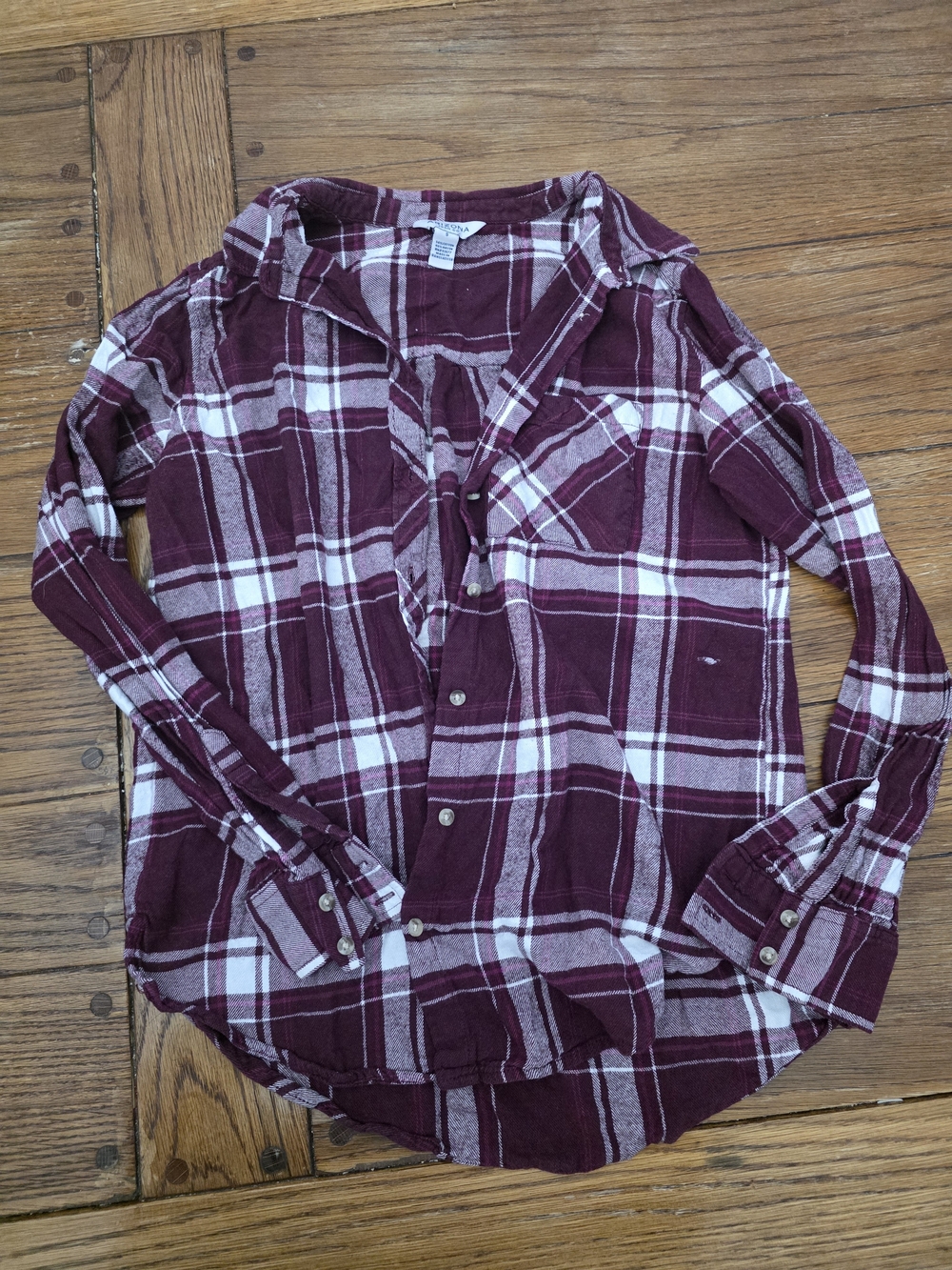 Arizona Jean Co Plaid Button Down Shirt Burgundy & White Size Small